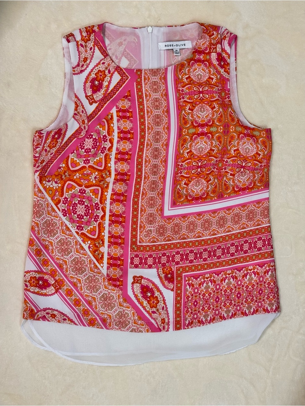 Rose + Olive Pink Orange Paisley Scarf Print Blouse XS